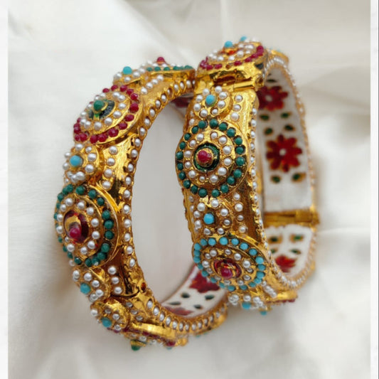 Studded Pearls in Multi Color Kundan Bangles pair openable