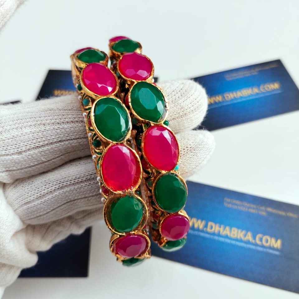 Luxury Big Stone Green and Ruby Kundan Bangles