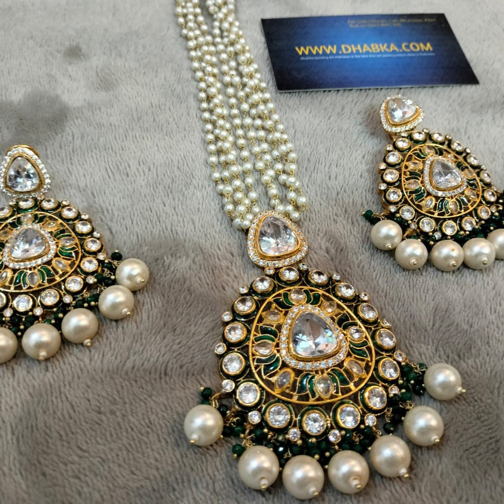 925 Sterling Silver Zircon Set with Green Meenakari