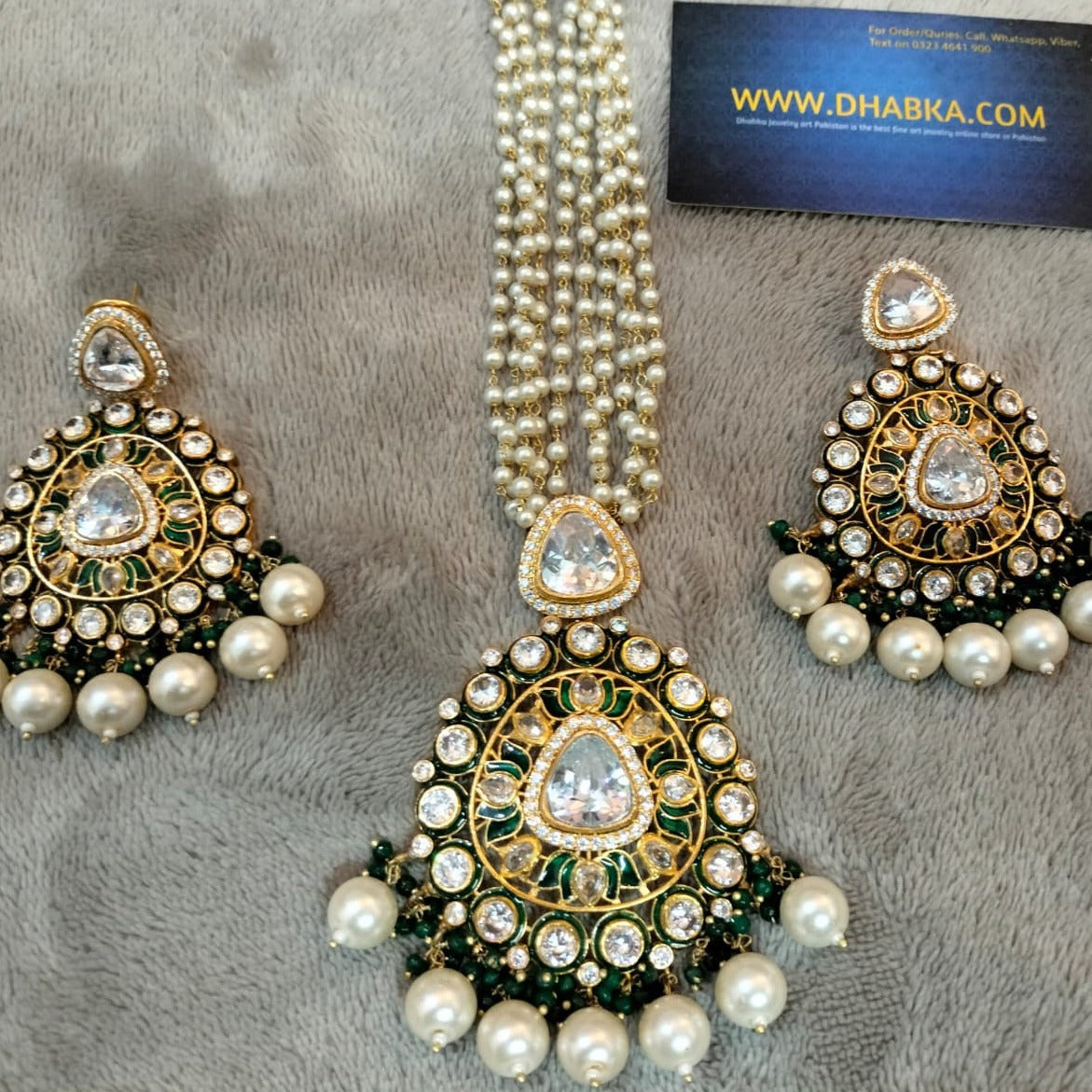 925 Sterling Silver Zircon Set with Green Meenakari