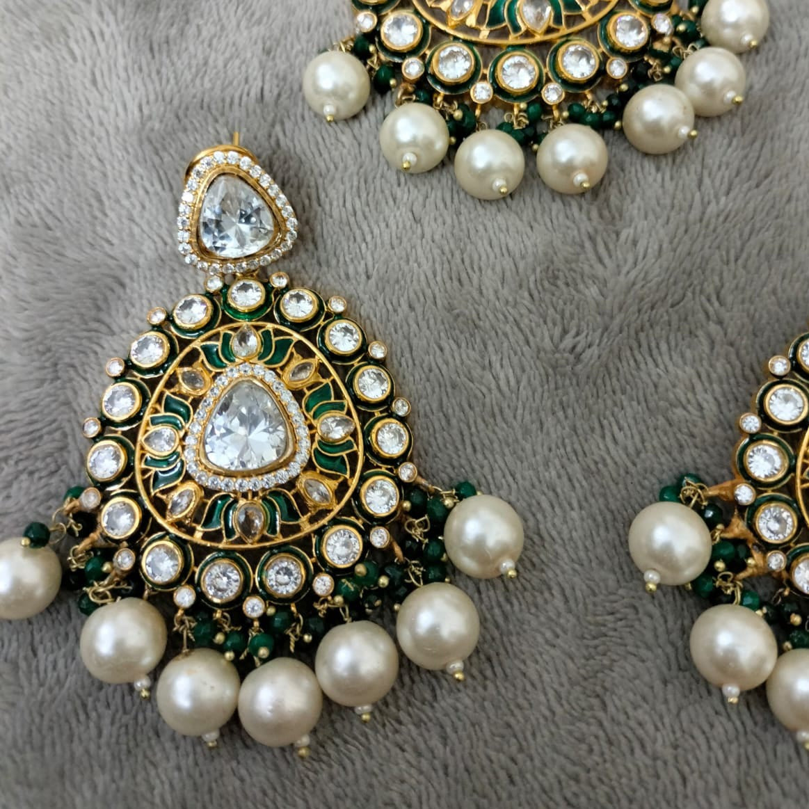 925 Sterling Silver Zircon Set with Green Meenakari