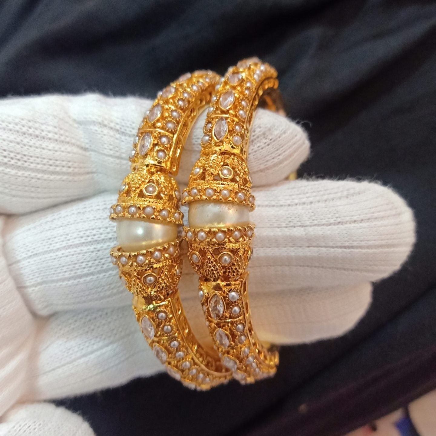 Dhabka Luxury Real Gold Plated bangle Pair White Stone