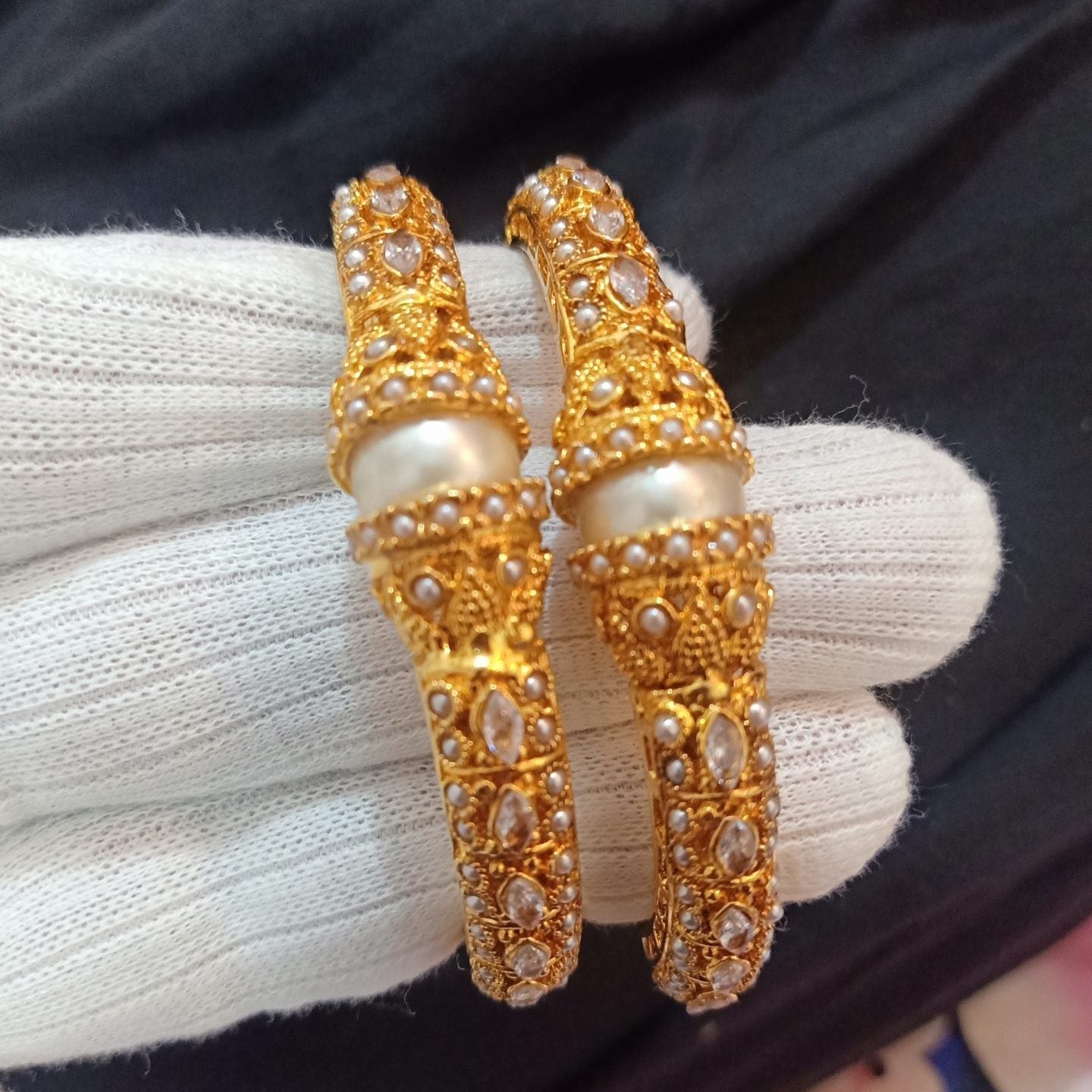 Dhabka Luxury Real Gold Plated bangle Pair White Stone