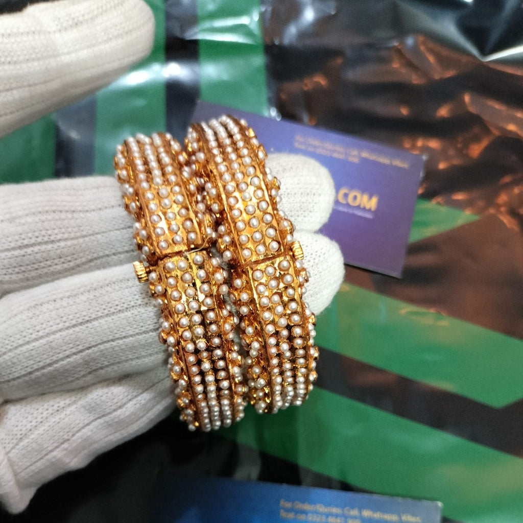 Studded White Pearls Kundan Openable Bangles Pair