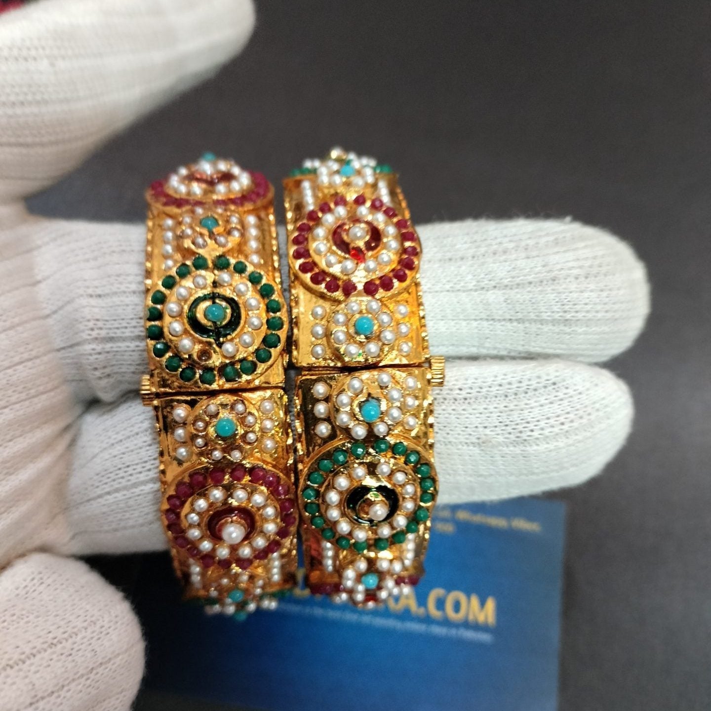 Studded Pearls in Multi Color Kundan Bangles pair openable