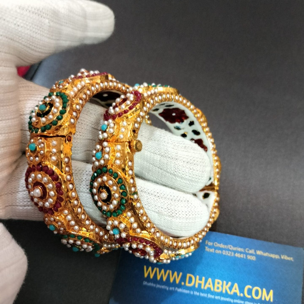 Studded Pearls in Multi Color Kundan Bangles pair openable