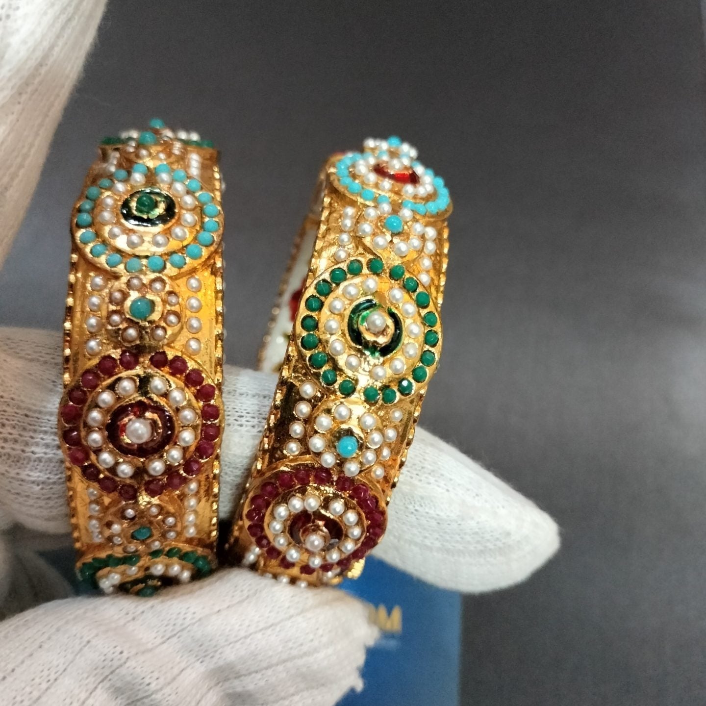 Studded Pearls in Multi Color Kundan Bangles pair openable