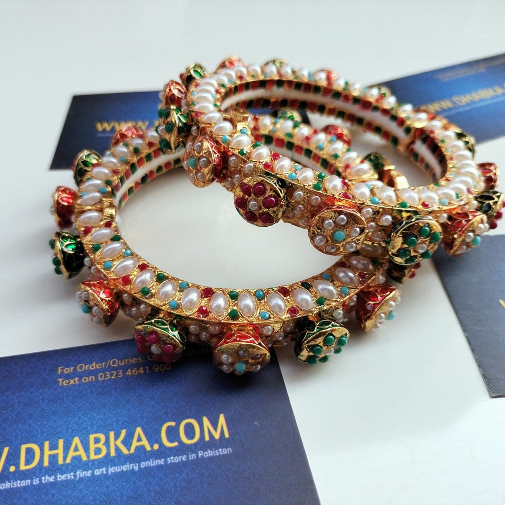 Studded Pearls in Multi Color with White pearls Kundan Bangles pair openable