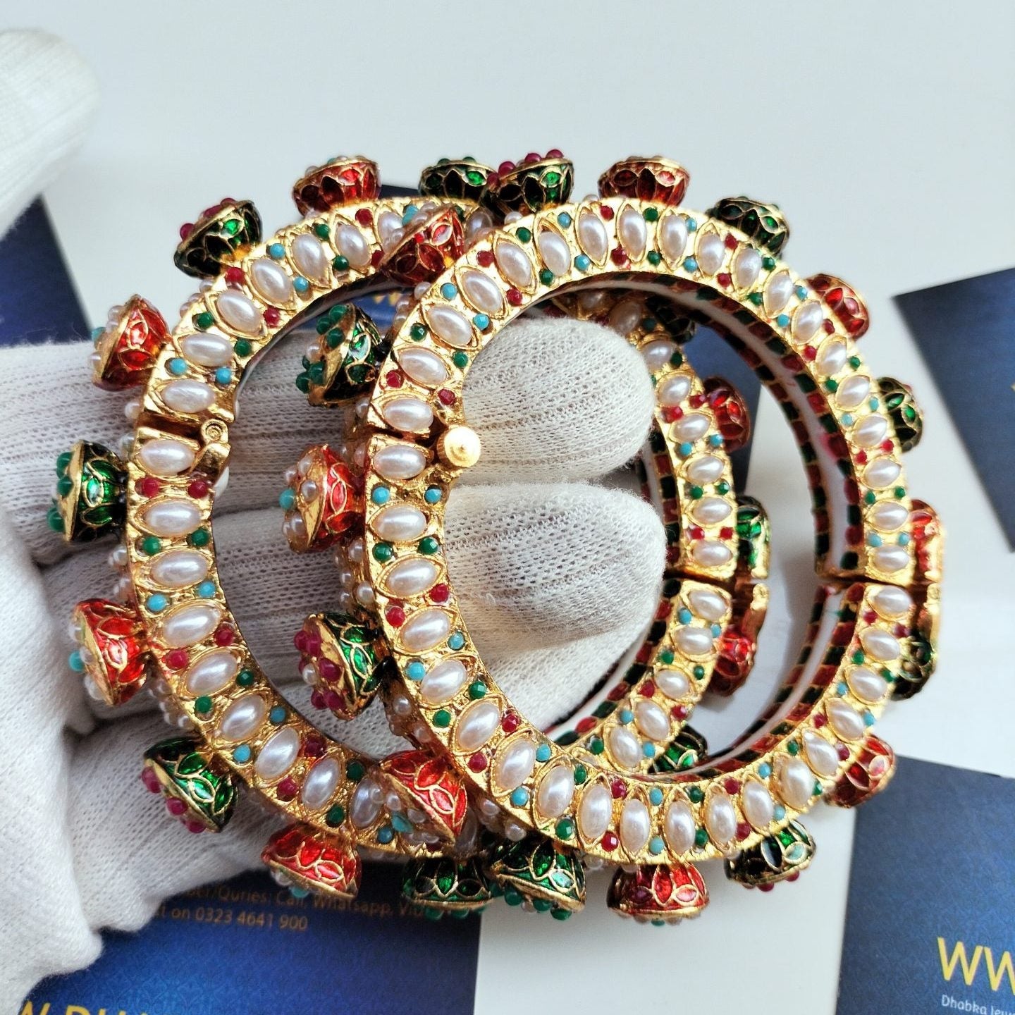 Studded Pearls in Multi Color with White pearls Kundan Bangles pair openable