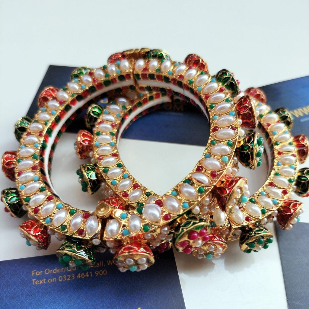 Studded Pearls in Multi Color with White pearls Kundan Bangles pair openable