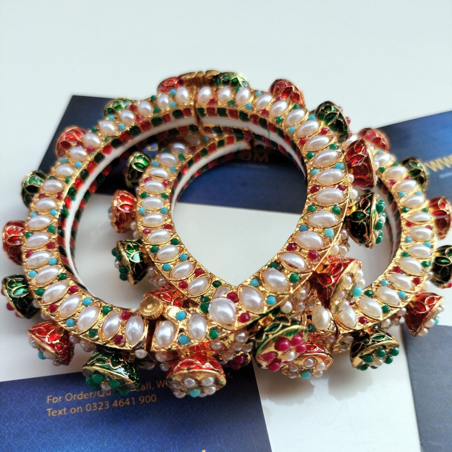 Studded Pearls in Multi Color with White pearls Kundan Bangles pair openable