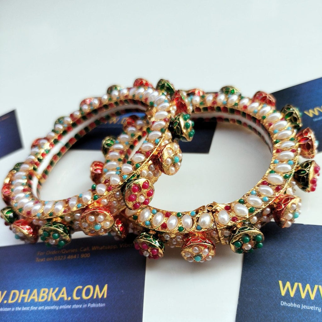 Studded Pearls in Multi Color with White pearls Kundan Bangles pair openable