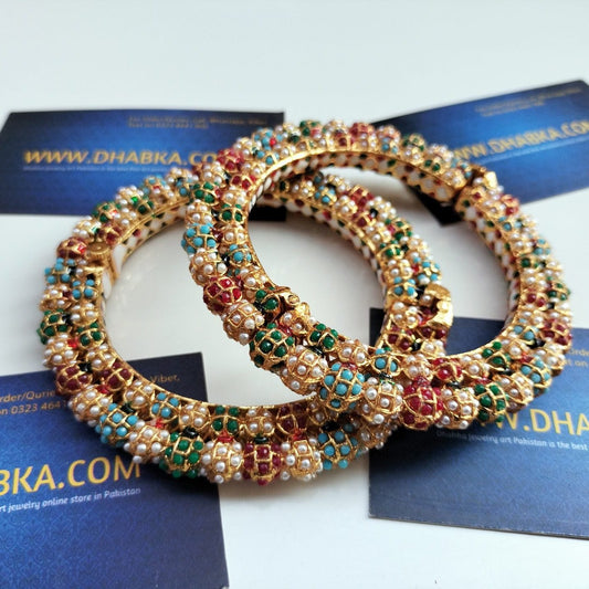 Luxury Studded Pearls in Multi Color Kundan Bangles