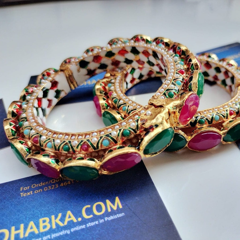 Luxury Big Stone Green and Ruby Kundan Bangles