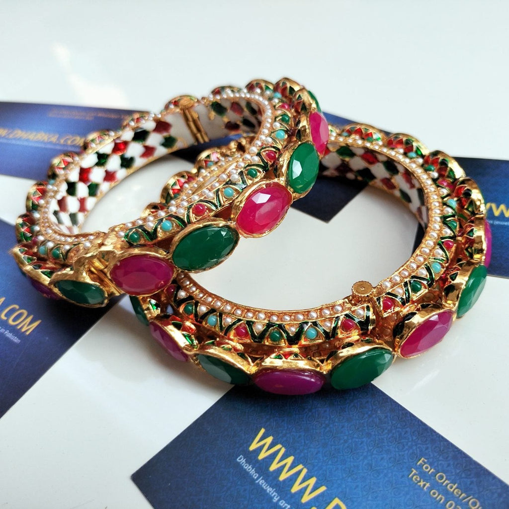 Luxury Big Stone Green and Ruby Kundan Bangles
