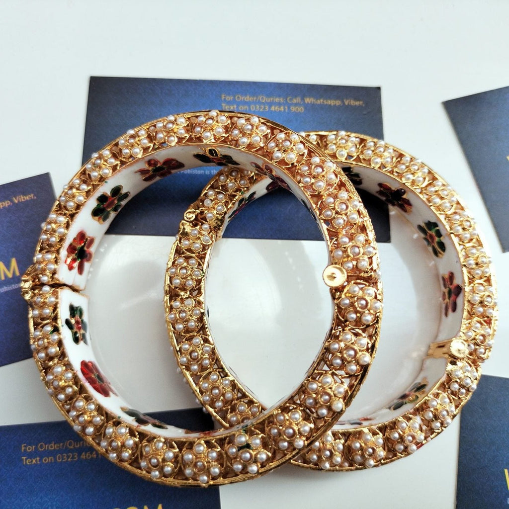 Studded White Pearls Kundan Openable Bangles Pair