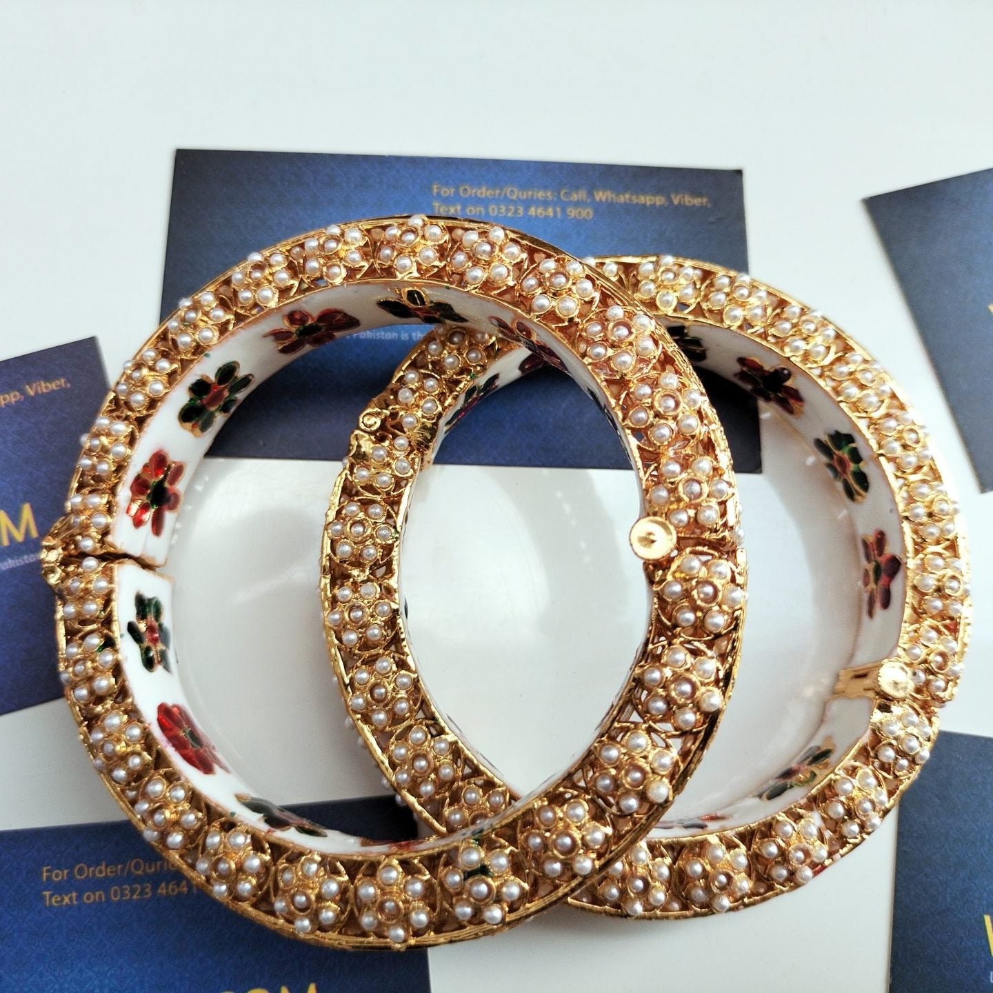Studded White Pearls Kundan Openable Bangles Pair