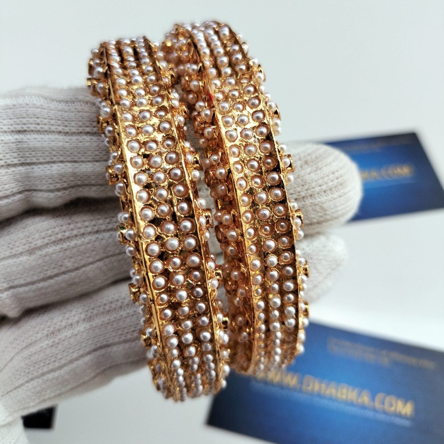 Studded White Pearls Kundan Openable Bangles Pair