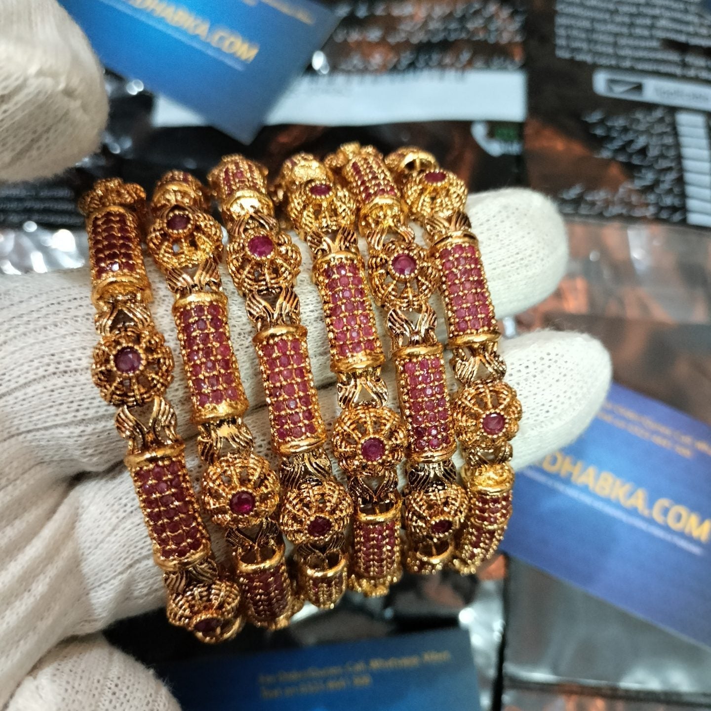 Luxury GangaJamni Gold Plated Ruby Color Bangle Set