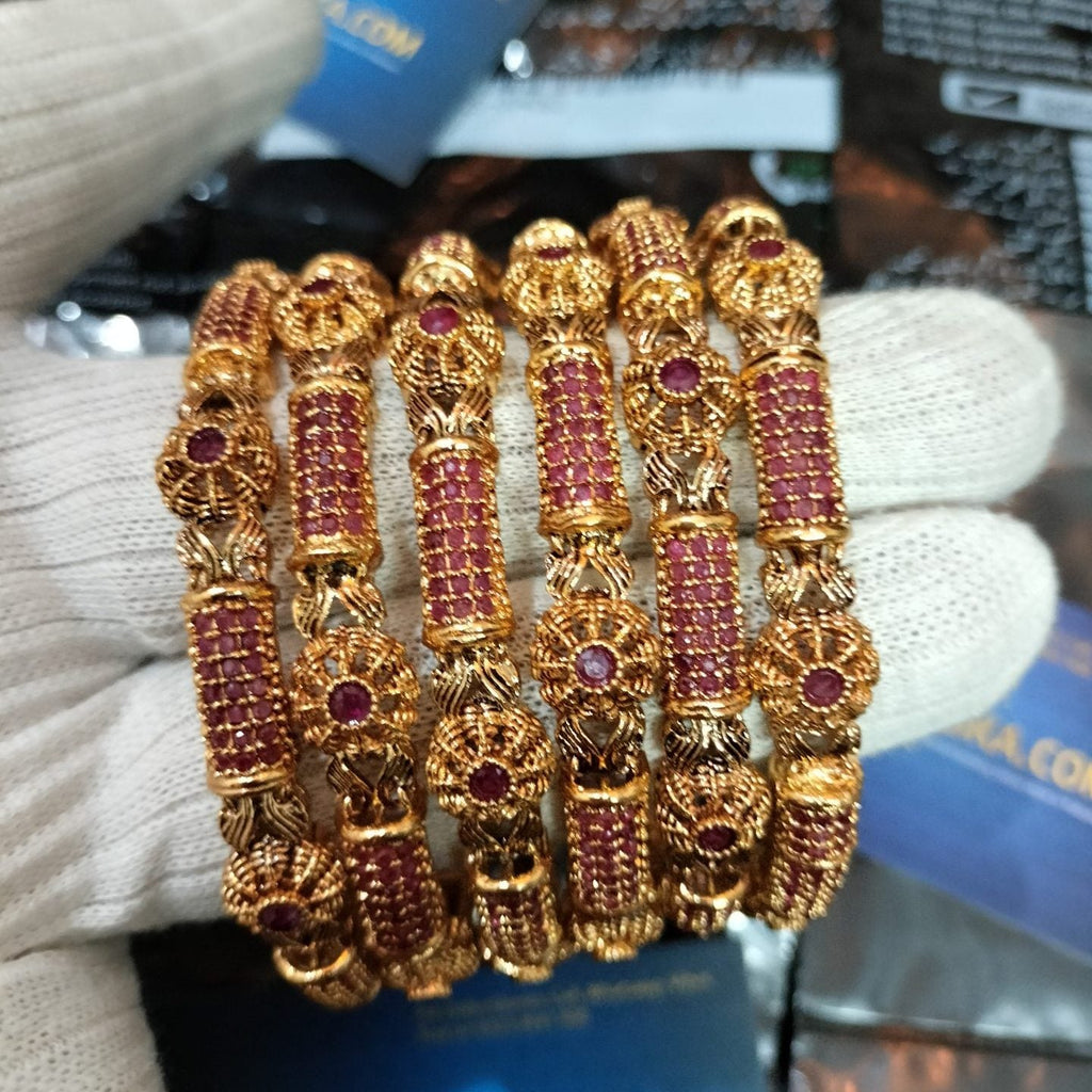 Luxury GangaJamni Gold Plated Ruby Color Bangle Set