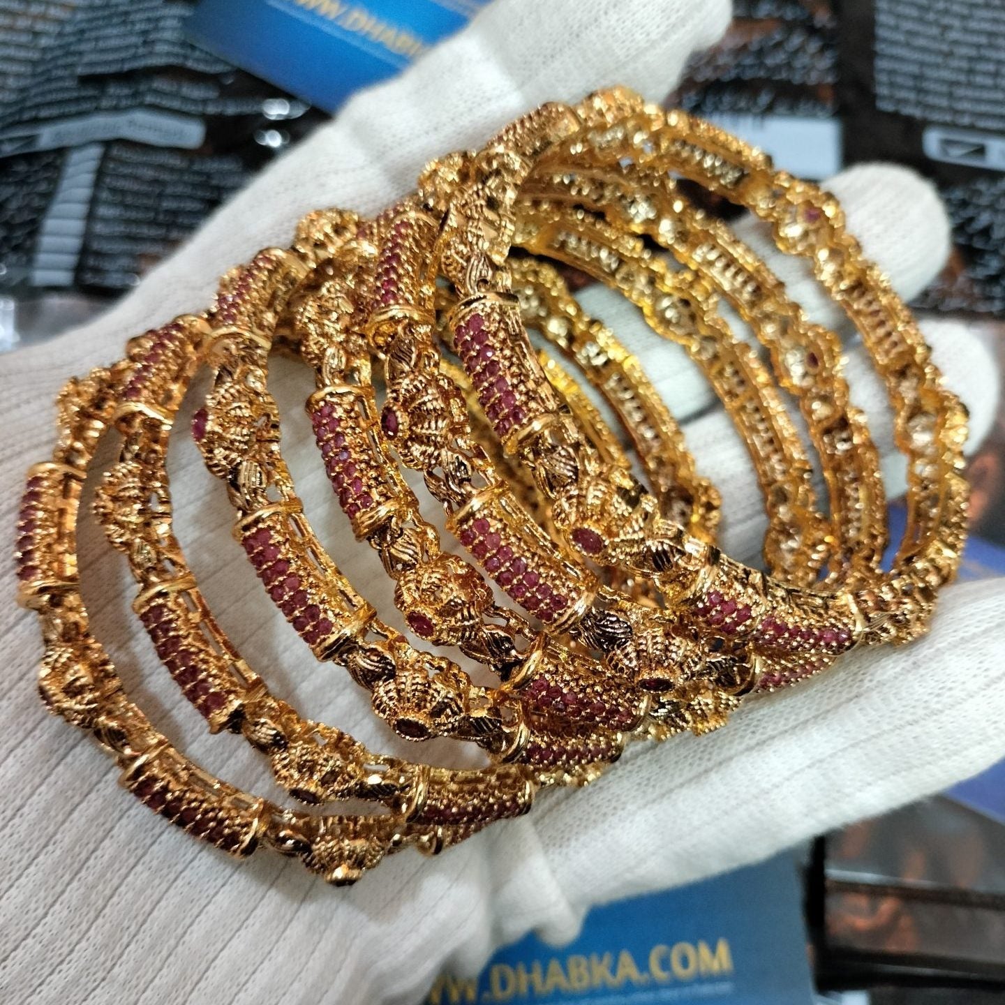 Luxury GangaJamni Gold Plated Ruby Color Bangle Set