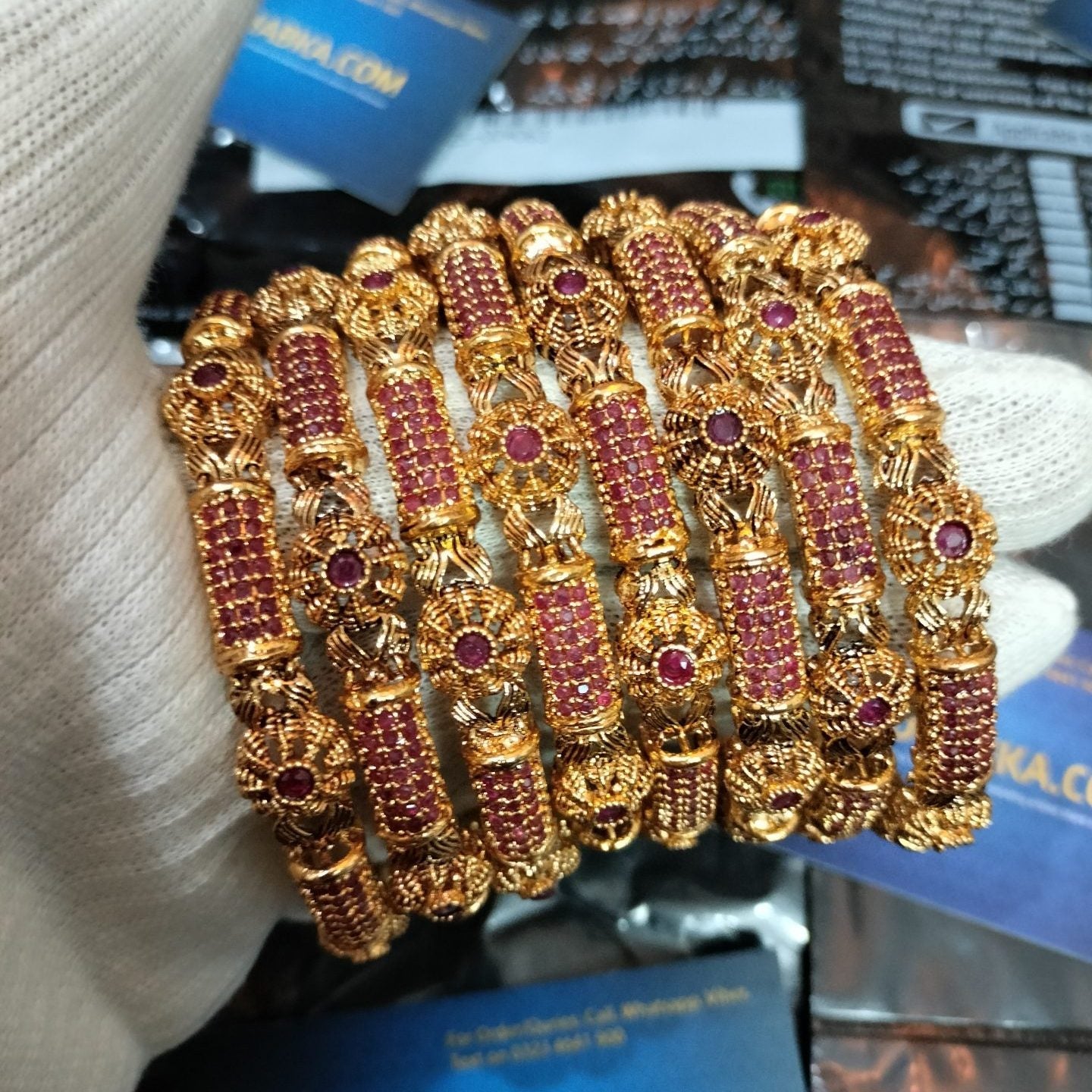 Luxury GangaJamni Gold Plated Ruby Color Bangle Set