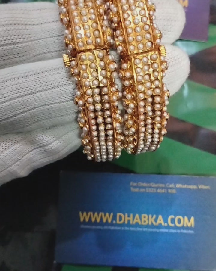 Studded White Pearls Kundan Openable Bangles Pair