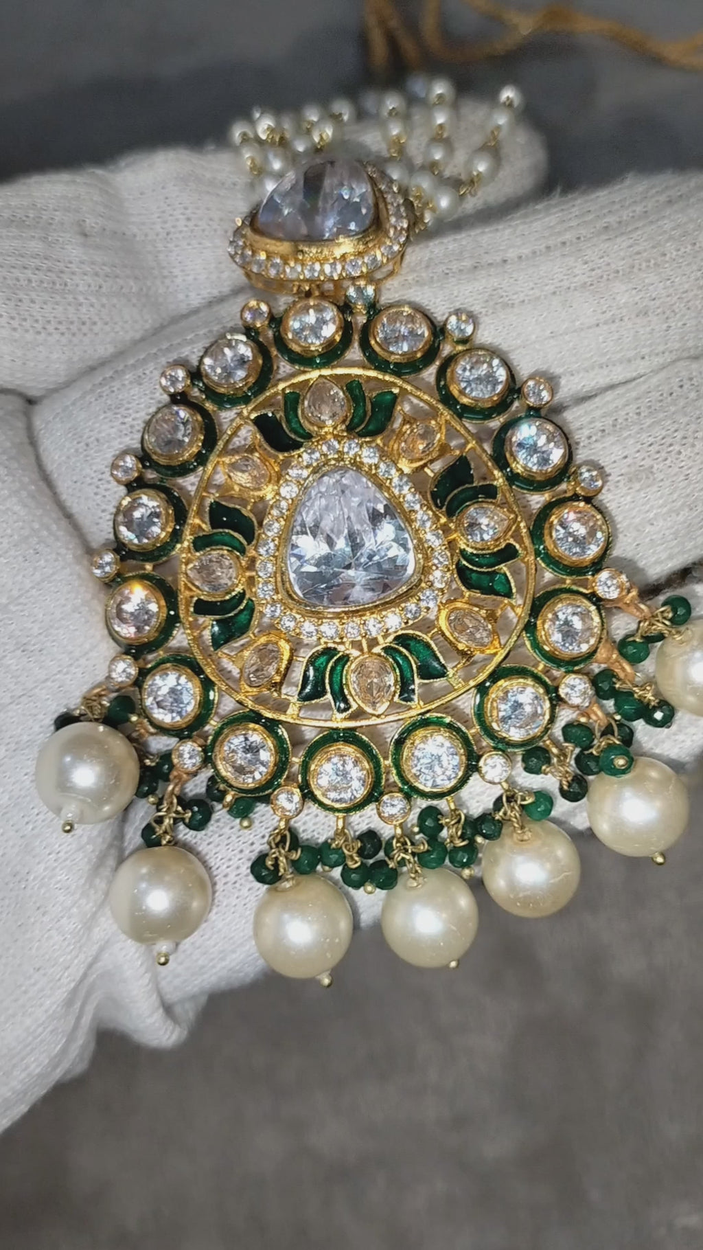 925 Sterling Silver Zircon Set with Green Meenakari