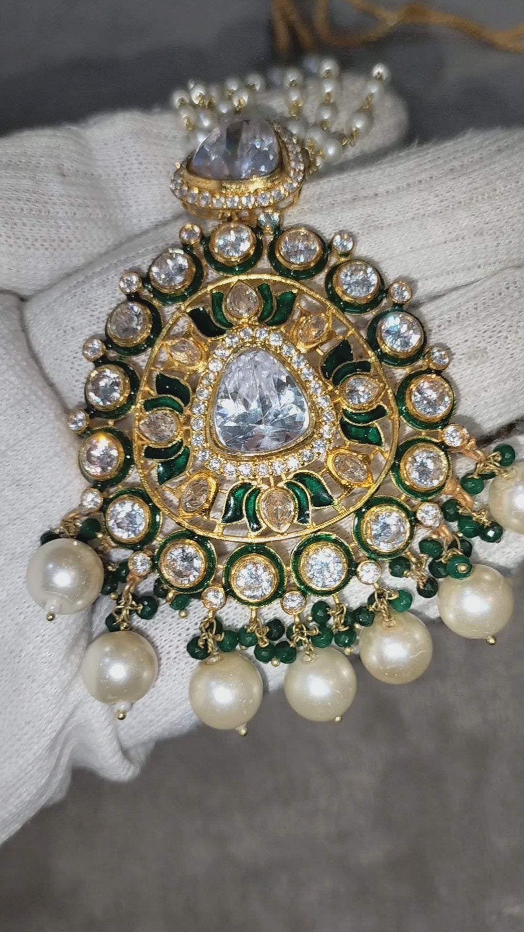 925 Sterling Silver Zircon Set with Green Meenakari